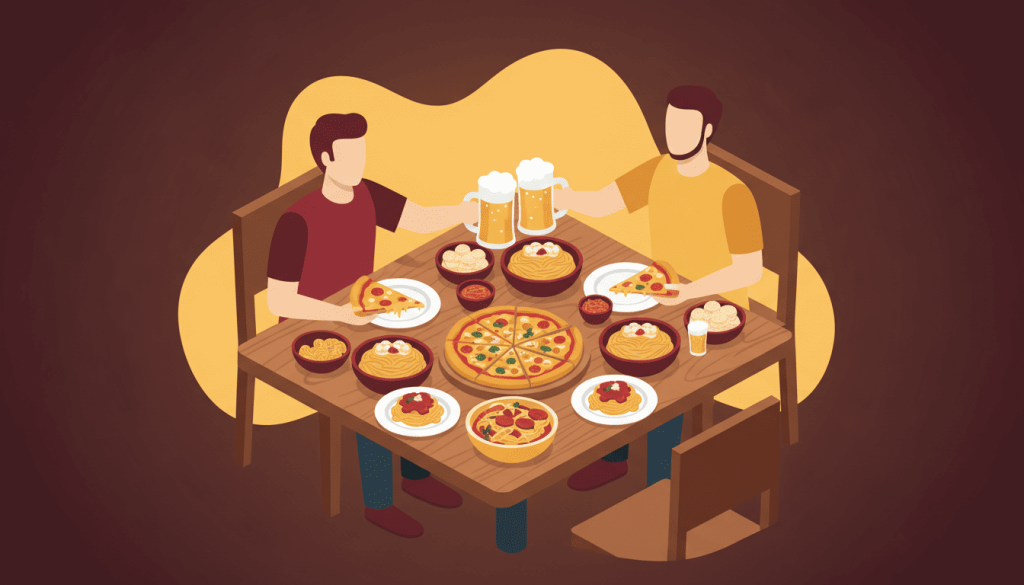Rodízio de pizza e massas em restaurante com mesa farta